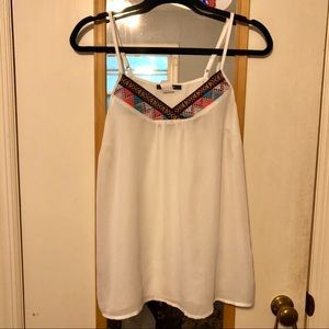 sheer white tank with tribal embroidery